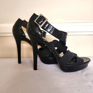 BCBG Black Patent Leather & Elastic Strappy High Heel Size 8.5